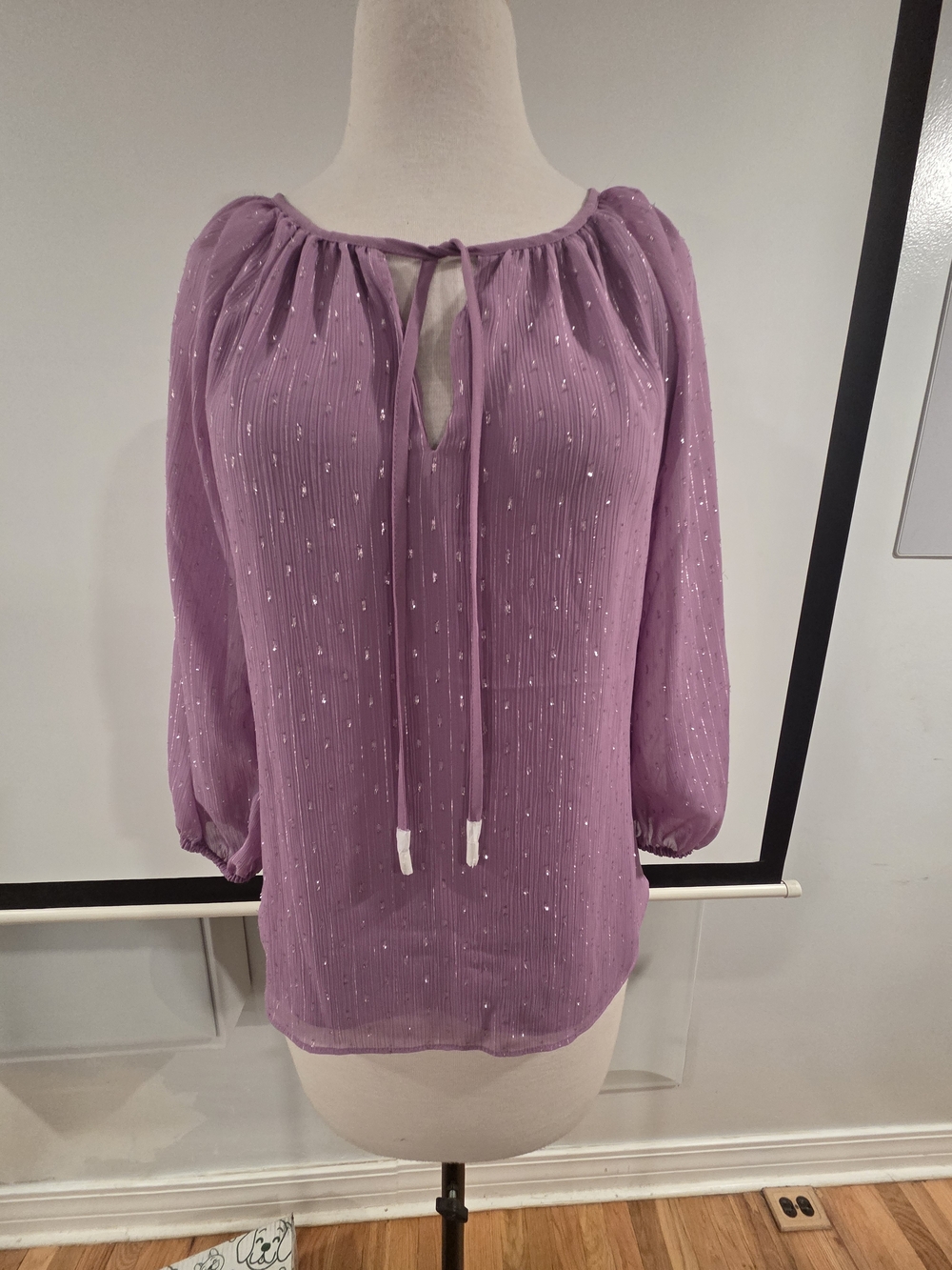 White House Black Market Lilac Metallic Dot Tie-Neck Blouse NWT